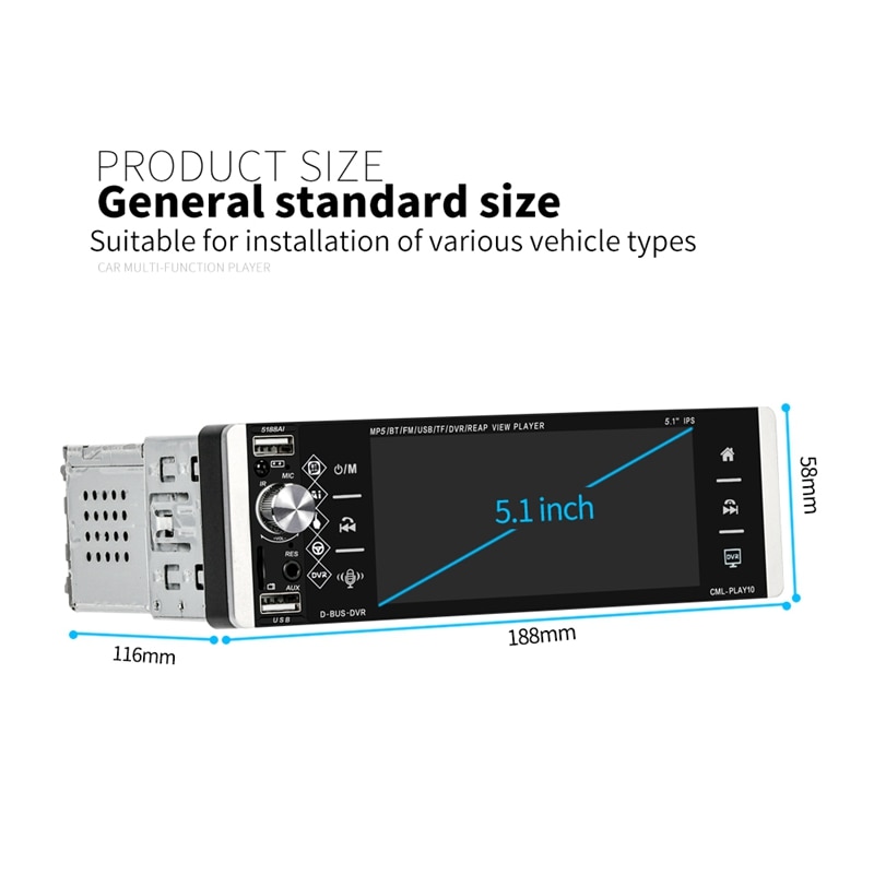 1Din 5.1 Inch 5188 Car MP5 Player IPS Press Sn Voice Control Radio RDS AM FM 4USB Bidirectional Interconnection