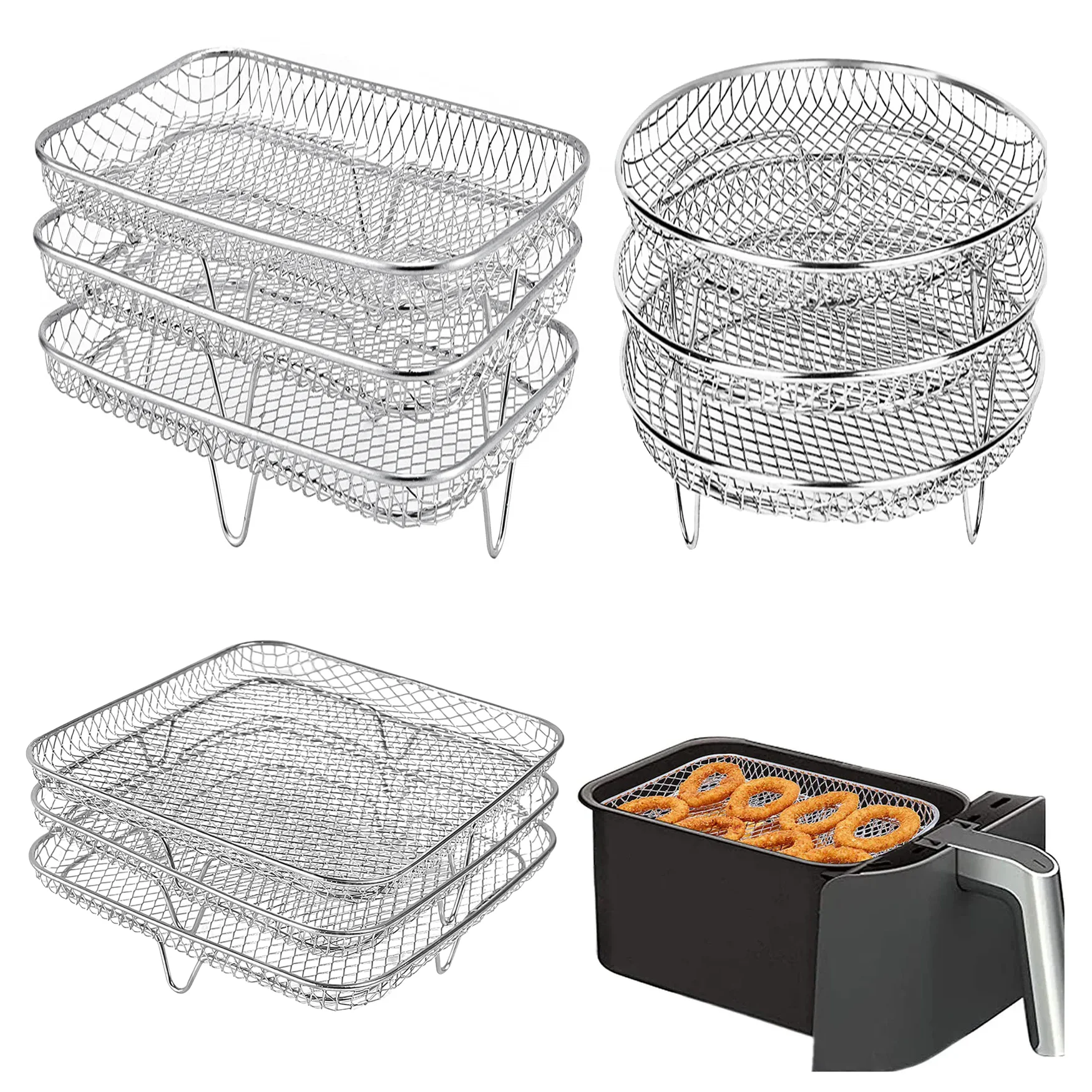 Drie stapelbare luchtfriteuse rek ovens rekken roestvrijstalen mand lade luchtfriteuse accessoires keukengadgets bakgereedschap