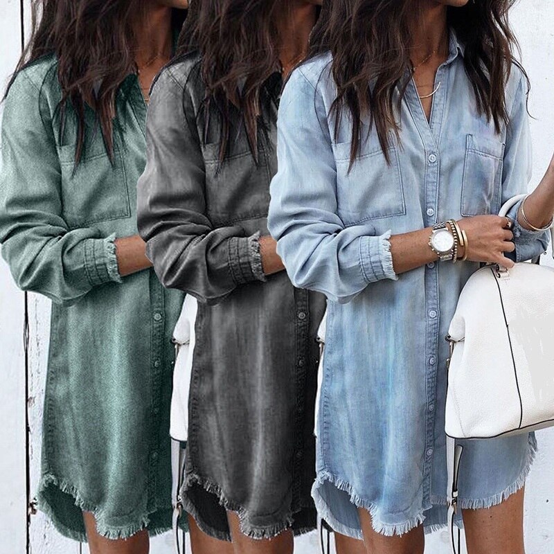 Vestido de manga larga para mujeres embarazadas, ropa de Camisa vaquera holgada, informal, a la , con solapa, para verano,