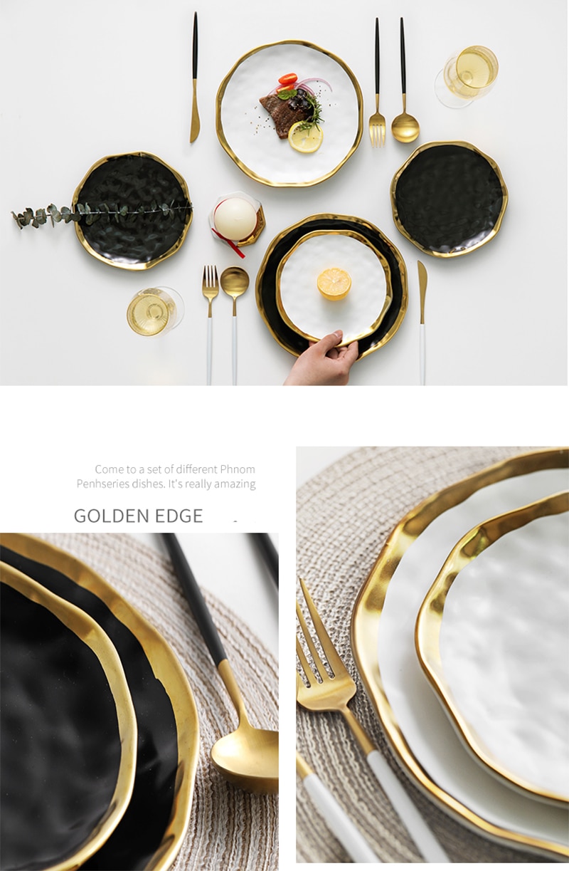 Ceramic Dinner Plate Gold Inlay Snack Dishes Luxury Gold Edges Plate Dinnerware Kitchen Plate Black White Tray TablEware Set