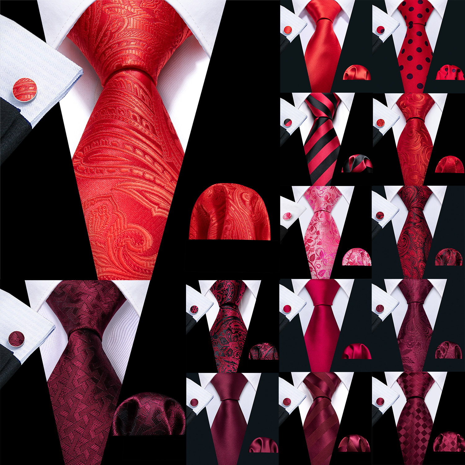 Barry.wang röd rödbrun vinröd siden herrslips näsduk manschettknappar jacquardslips för herr bröllop affärsfest