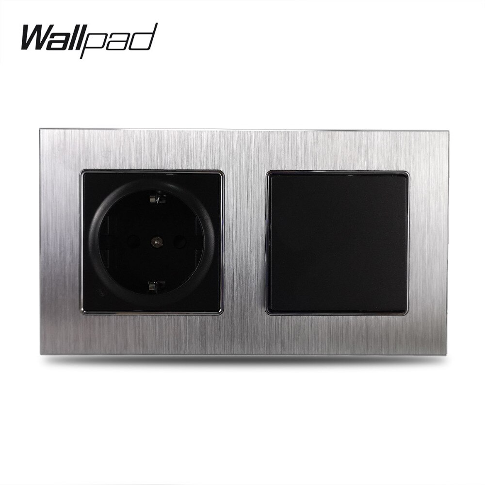 Metal EU 1 Gang Light Switch and Socket Wallpad 156*86mm Satin Panel 16A Schuko EU Power Socket 2 Way Switch with Clips Mounting