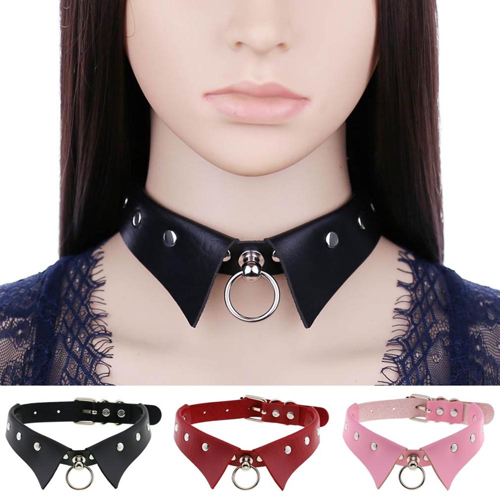 Punk Goth Faux Lapel Shirt Collar PU Leather Pendants Round Choker Necklace