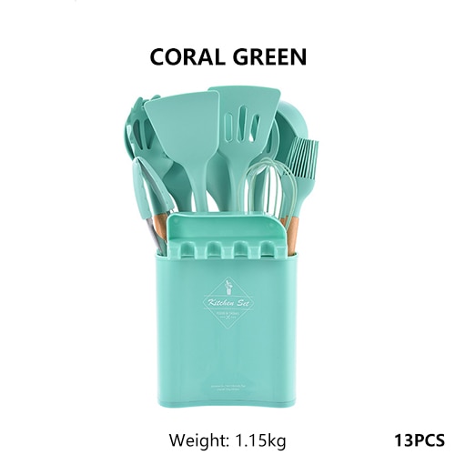 Juego de utensilios de silicona para la cocina, espátulas y palas antiadherentes con mango de madera, instrumentos para cocinar con recipiente de almacenamiento, accesorios para cocinas: Coral green