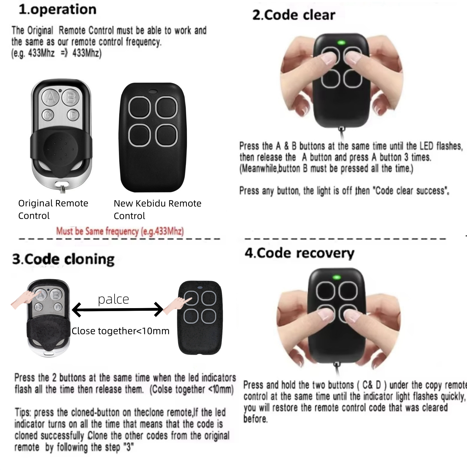 Universal 433MHz Garage Door RF Remote Control Duplicator Code Grabber Clone Key Fob Command Hand Transmiter for Gate