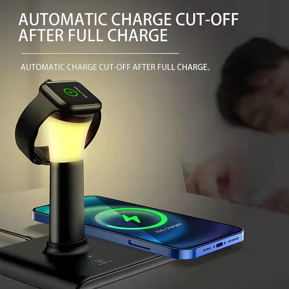 50W 3 in 1 Wireless Charger for iPhone Airpods Apple Watch Docking Station Desk Top LED Lamp QI Fast Inductive Charging Stand