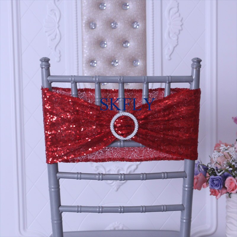 SH022F factory price many colors wedding decoration antique gold sequin chair band chair sash with buckle: red