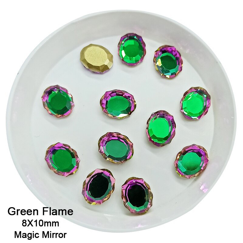 8x10mm Magic Mirror Nail Art Rhinestone Double Plane Crystal K9 Glass 3D Fingernail DIY Decoration Accessories: Green Flame 100pcs