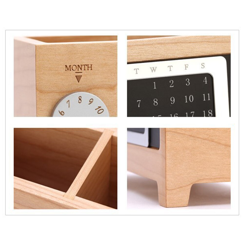 Wooden Organizer Pen Pencil Holder Case With Calendar Ornaments Table Storage Container 2 Grids Wooden Storage Box