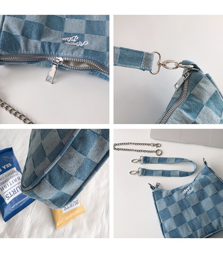 Retro Plaid Frauen Denim Hobos Schulter Taschen Damen Kette Unterarm Tasche Vintage Weibliche Mädchen Kleine Geldbörse Handtaschen