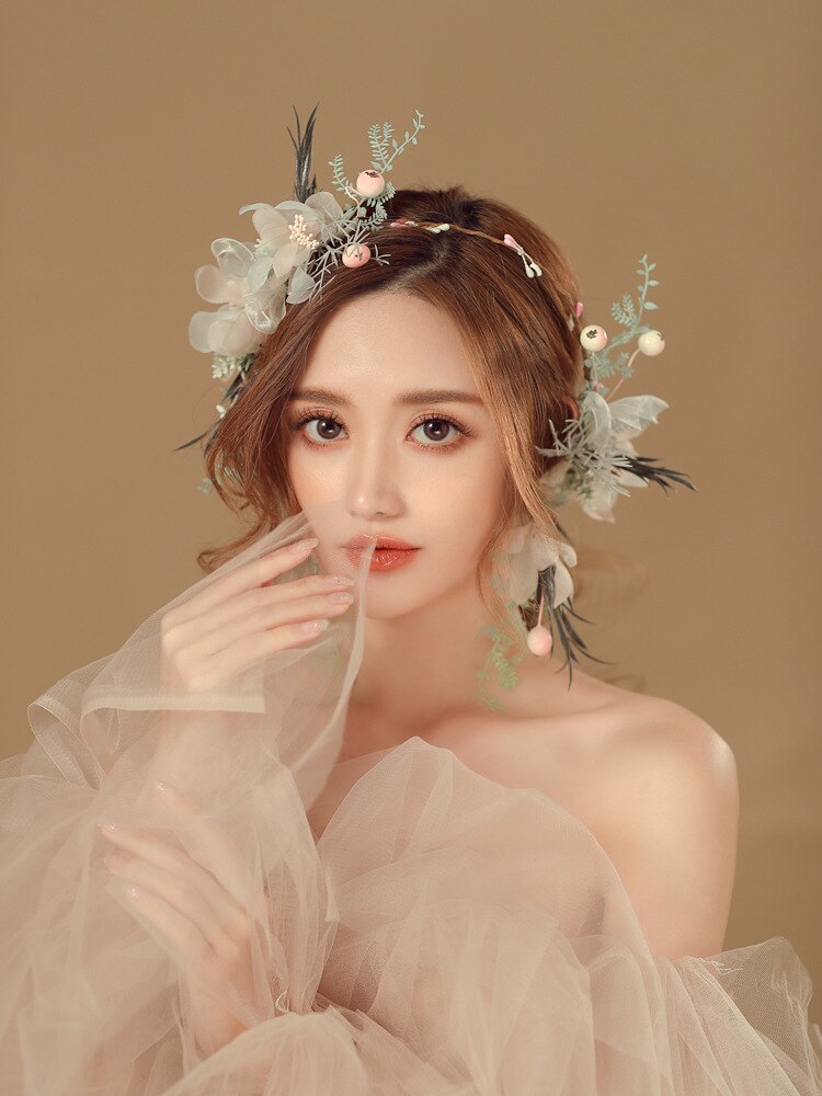 New Fairy Bridal copricapo corona orecchini Set di gioielli bella fascia accessori per capelli da sposa fatti a mano in filato di seta Rattan