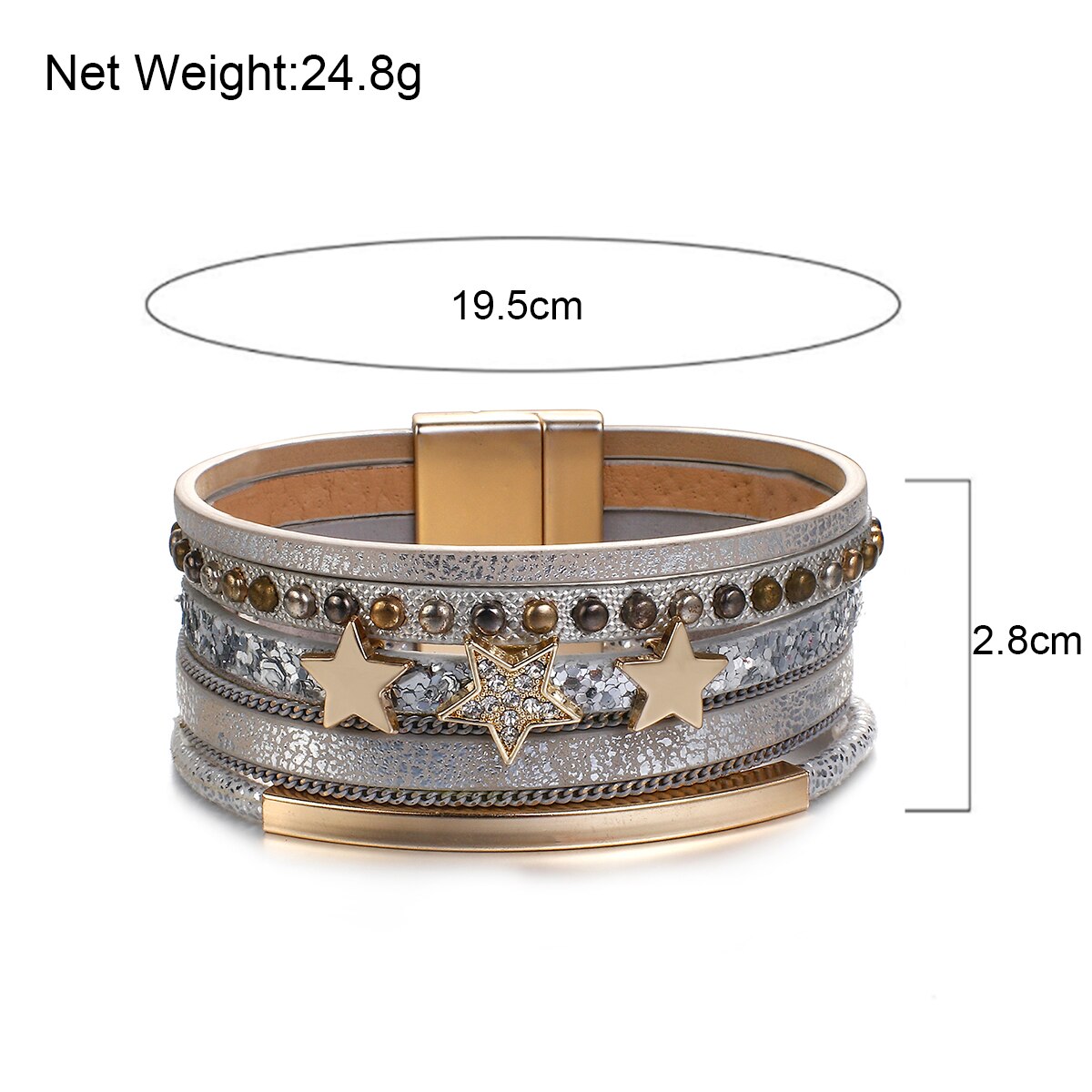 Flashbuy Trendy Gold Color Stars Leather Bracelet for Women Multilayer Wide Wrap Bangles Couple Jewelry