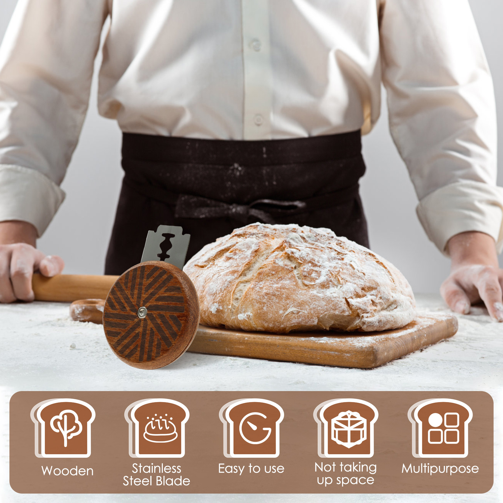 Bread Bakery Lame Tools Wooden Scraper Bread Knife/Slicer/Cutter Dough bakery stone Scoring Lame with 15 Blades Arc Curved Knife