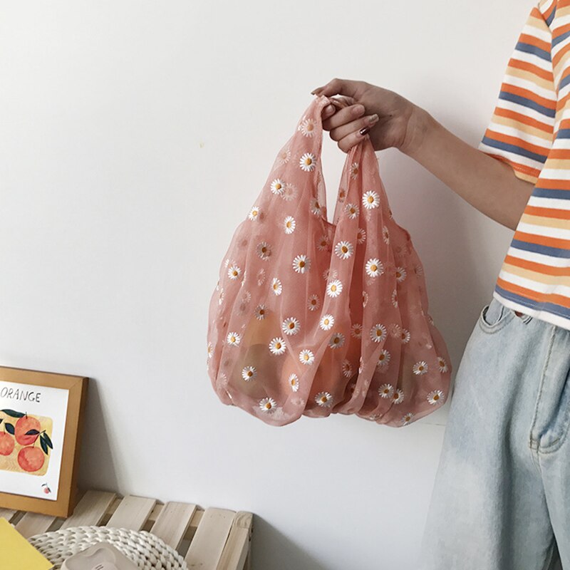 Kleine transparante tas van mesh stof voor dames, handtas met borduurwerk van madeliefjes, eco-bloemkunst, mesh tas, portemonnee voor meisjes: Roze