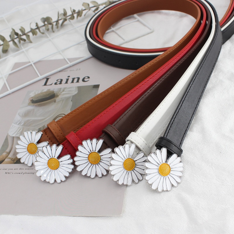 Lille daisy pu fint bælte kvinder linning koreansk stil studerende blomsterspænde personlighed glat spænde imiteret læder