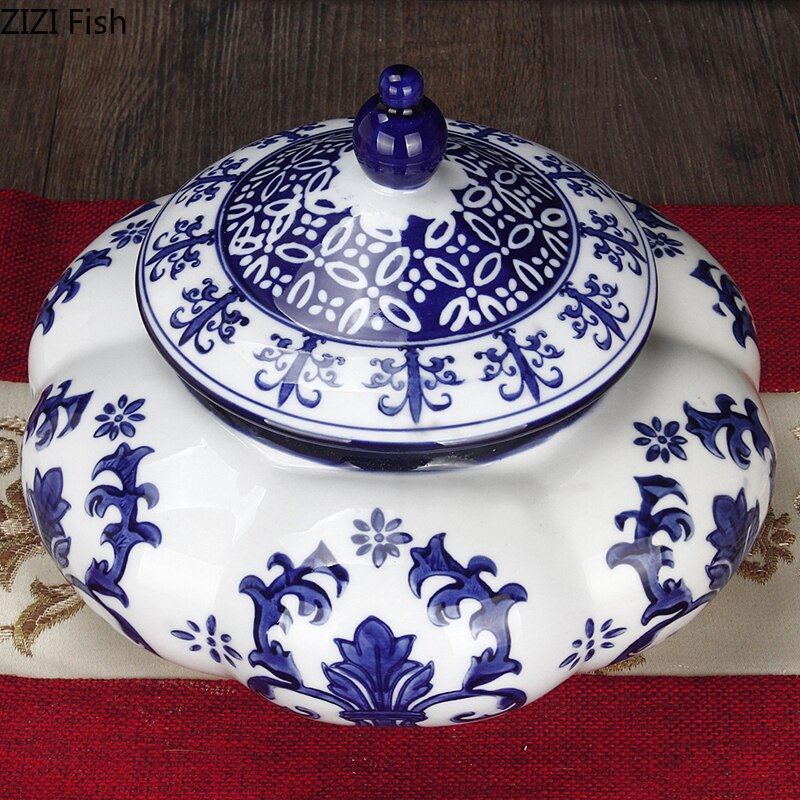 Jarrón de cerámica con textura de flor, jarrones pintados clásicos de porcelana azul y blanca, decoración Vintage para el hogar, tarro de almacenamiento de té Caddy con cubierta