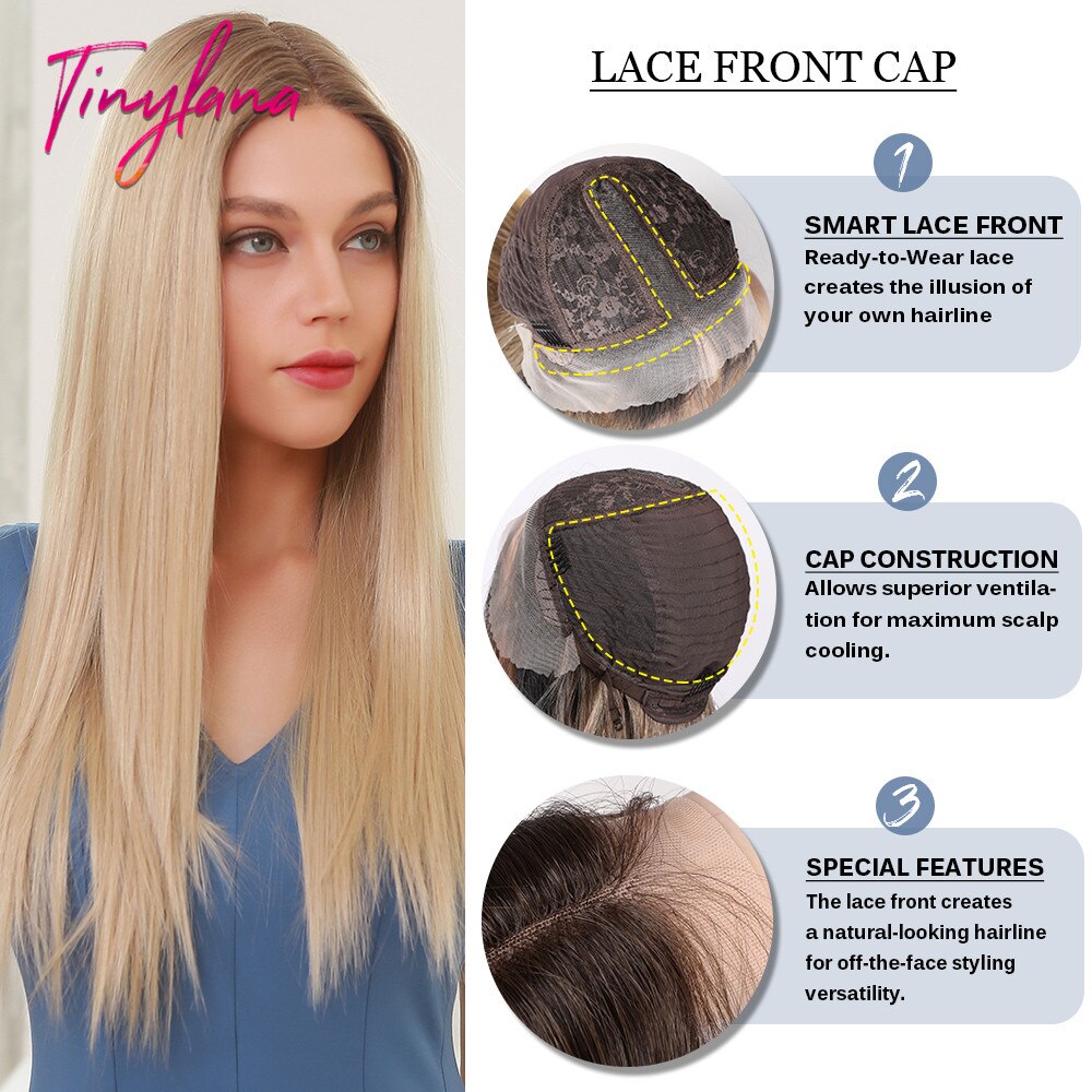 Perruque Lace Front wig synthétique lisse – TINY LANA, perruques longues et soyeuses blondes à racines brunes, perruques quotidiennes à haute densité pour femmes, résistantes à la chaleur