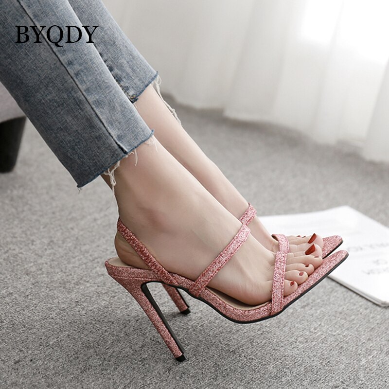 BYQDY Elegante Elastische Band Sandalen hoch Fersen Schuhe Damen lässig Party sexy Frau Pumps gucken Zehe Hochzeit Schuhe Braut