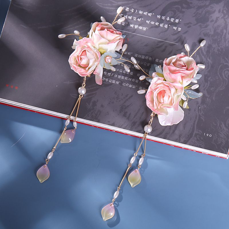 Vintage Chinese Bloem Haaraccessoires Voor Vrouwen Hanfu Roze Haarspeld: 1 pair hair grip