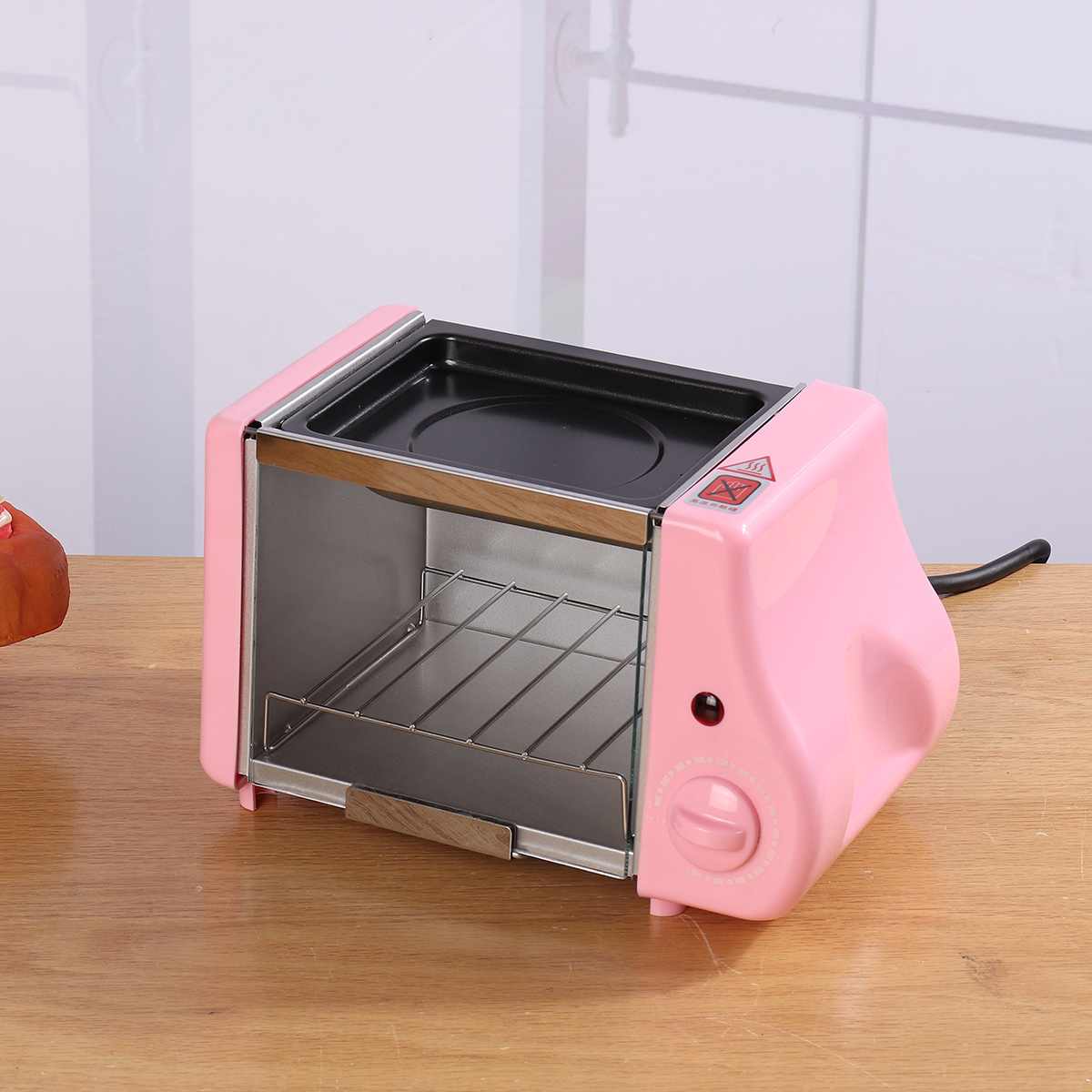 2 in 1 1.5L Mini Electric Baking Bakery Roast Oven Grill Fried Eggs Omelette Frying Pan Breakfast Machine Bread Maker Toaster: Pink