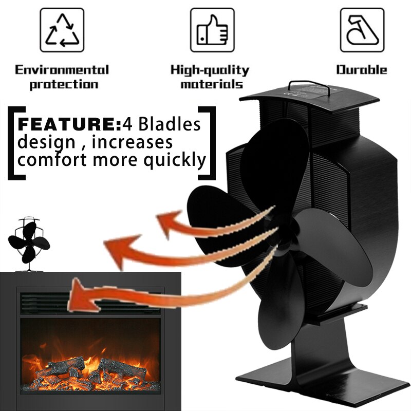 Fireplace Fan Efficient Heat Distribution Fireplace 4 Blades Heat Powered Log Wood Burner Eco-fan Quiet Home Black Stove Fan