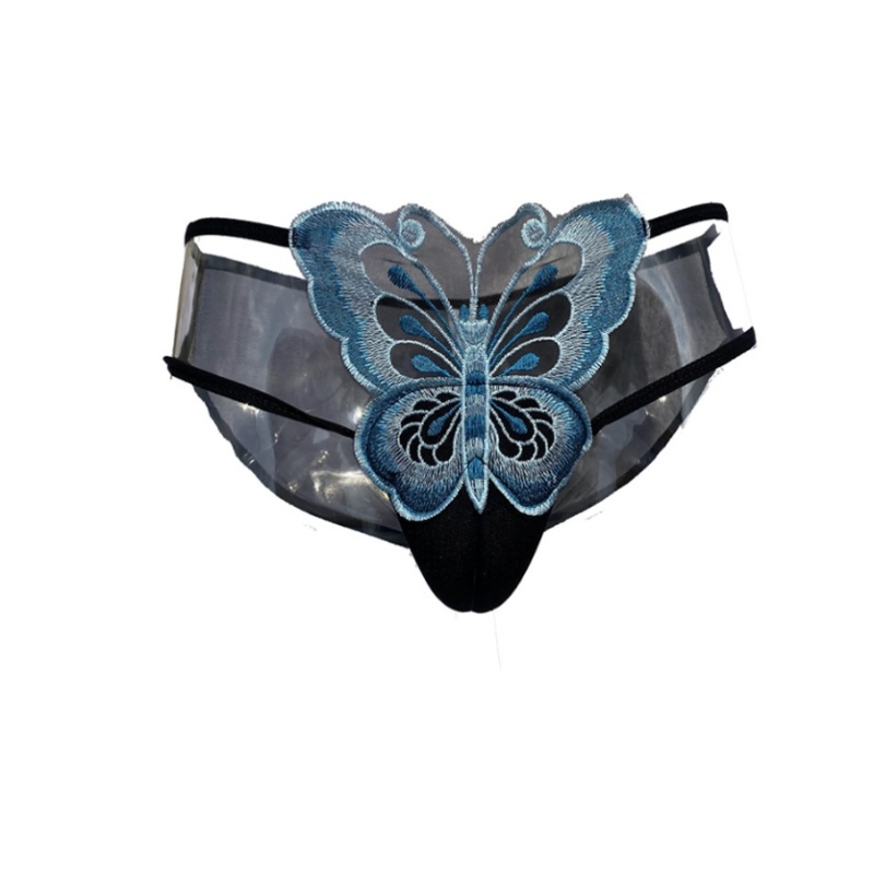 Sexy Men's Lace Underwear CD Cross-dressing Briefs Low-Waist Mesh Hollowed Transparent Butterfly Embroidery Underpants Underwear: XL / Blue