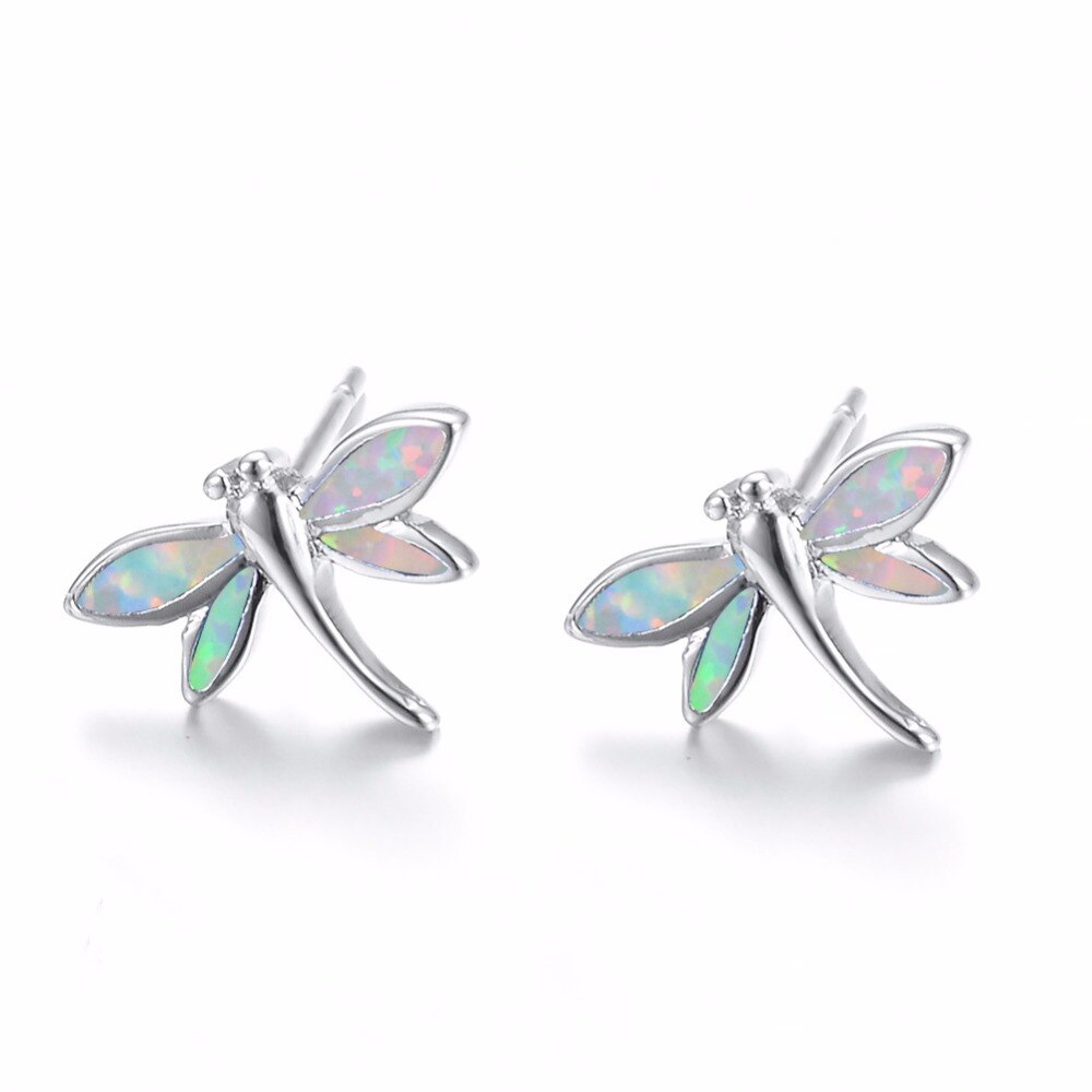 925 Sterling Zilver Blauw/Wit Opal Animal Oorknopjes Tiny Elegante Leuke Dragonfly Vrouwen Oorbellen