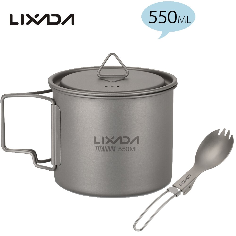 Lixada Titanium Cup Camping Verwarming Mok Servies Lichtgewicht Outdoor Survival Koken Apparatuur Wandelen Kookgerei Picknick Gebruiksvoorwerpen: 550ml with Spork