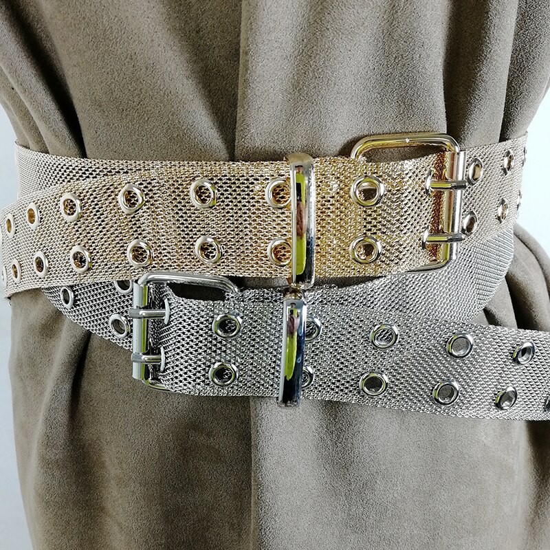 Plus size gold chain belt ladies punk belts for women two row eyelet gothic silver metal ketting riem dress cummerbunds style