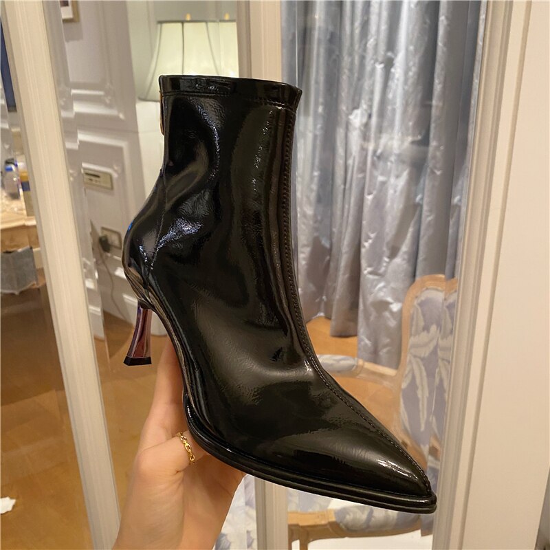 Dam lackkängor 6cm vita låga tunna höga klackar korta strumpor stövlar utomhus chelsea boots bota feminina