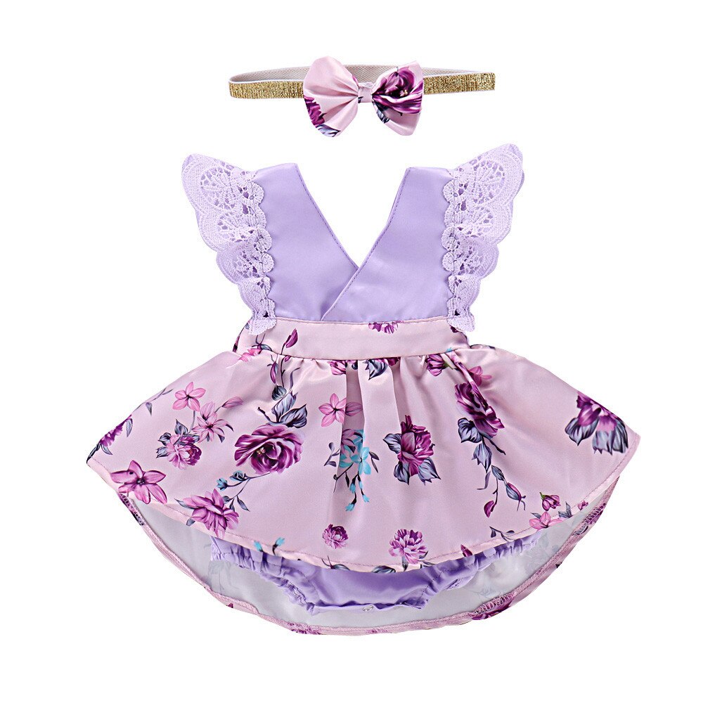 Baby Rompertjes; Peuter Baby Gilrs Mouwloos Lace Ruches Romper Jumpsuit Hoofdband Bloemen Ouifit Kleding Voor Meisje;