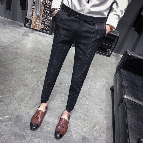 Pantalones ajustados de rayas para hombre Formal pantalones de traje de oficina de negocios Casual masculino joven versión coreana pantalones atractivos: 31