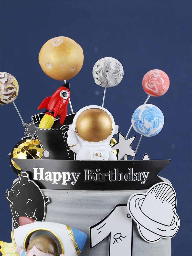 Universe Stars Rocket Astronaut Maan Gelukkige Verjaardag Brief Decoratie Cake Topper Dessert Voor Kinderen Dag Mooie