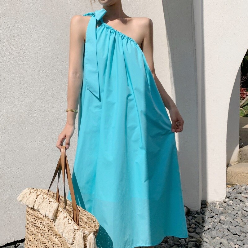 Vestido suelto de un hombro para mujer, ropa de vacaciones de Color sólido sin mangas, Espalda descubierta, ropa de diario Harajuku, de verano, S-XL: XL