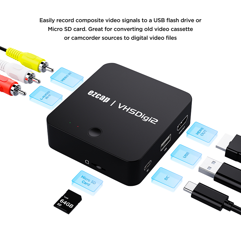 Ezcap 181 av- konverterare inspelare videoinspelning vhs digitaliserare dvd tv-box inspelning till usb flashdisk tf ingen dator behövs hdmi-utgång