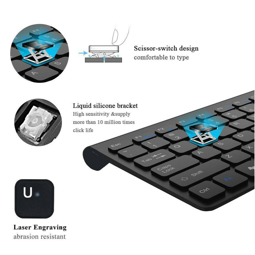 Ensemble clavier et souris optique sans fil 2.4 ghz universel, anti-bruit, antidérapant, ergonomique, sensible, ultra fin