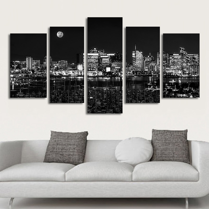 Quadros decoração moderna poster 5 peças, preto e branco, cidade noturna, pintura em tela, imagens de arte para parede, sala de estar