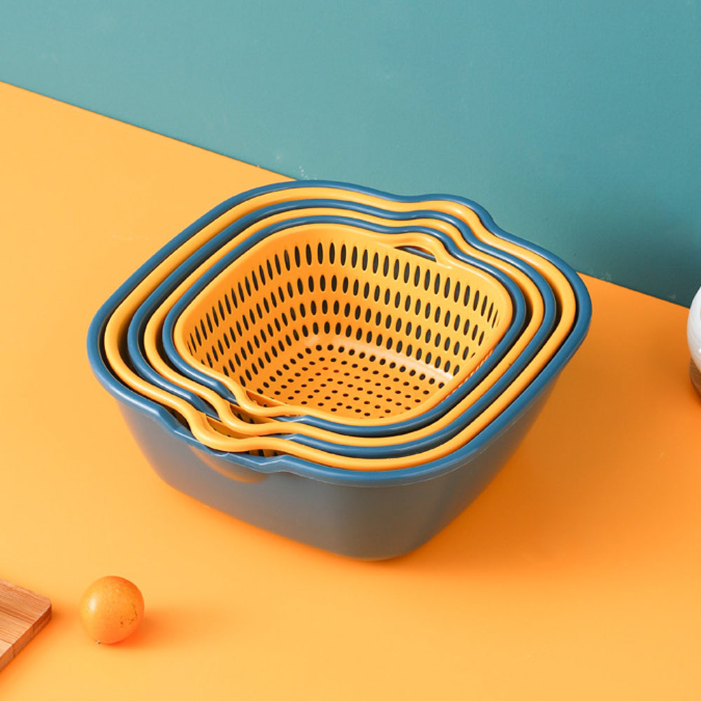 6 Stuk Dubbele Laag Afvoer Mand Plastic Groente Wasmand Wastafel Huishouden Keuken Wassen Box Wassen fruit Blauw