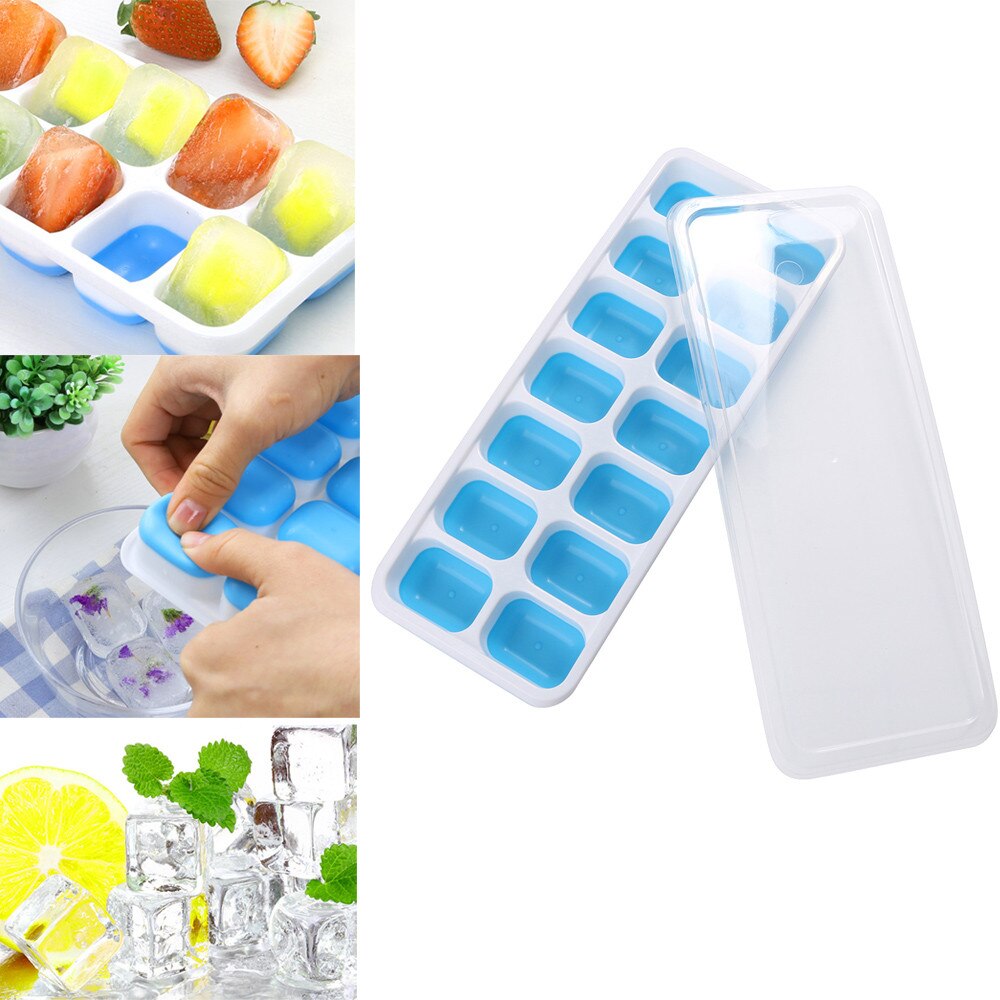 1 Pc Covered Ice Cube Tray Set With 14 Ice Cubes Molds Flexible Rubber Plastic Molds Flexible Rubber Plastic Stackable Green#T2: blue 