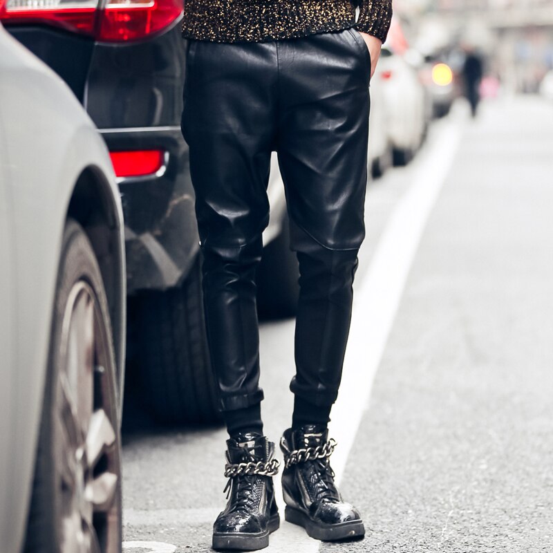 Heren casual leren broek schroef nep tweedelige skinny broek mannelijke taps toelopende broek zwarte broek zanger kostuums