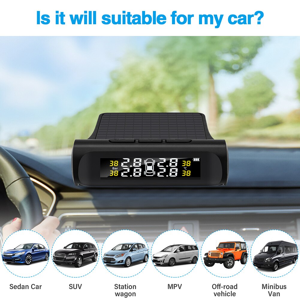Monitoring System with 4 External Sensors Monitoring Tyre Temperature Solar Car TPMS Vehicle Tire Pressure Alarm System