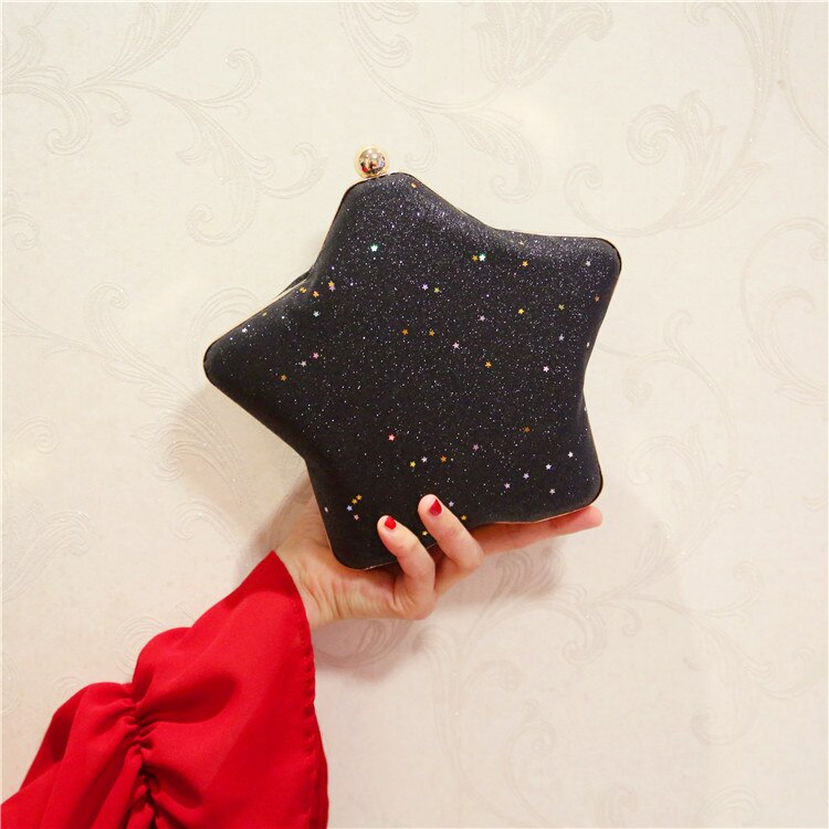 Stjerneformet Clutch Taske med Kæde - PU Læder - Sort - Fest, Bryllup, Prom
