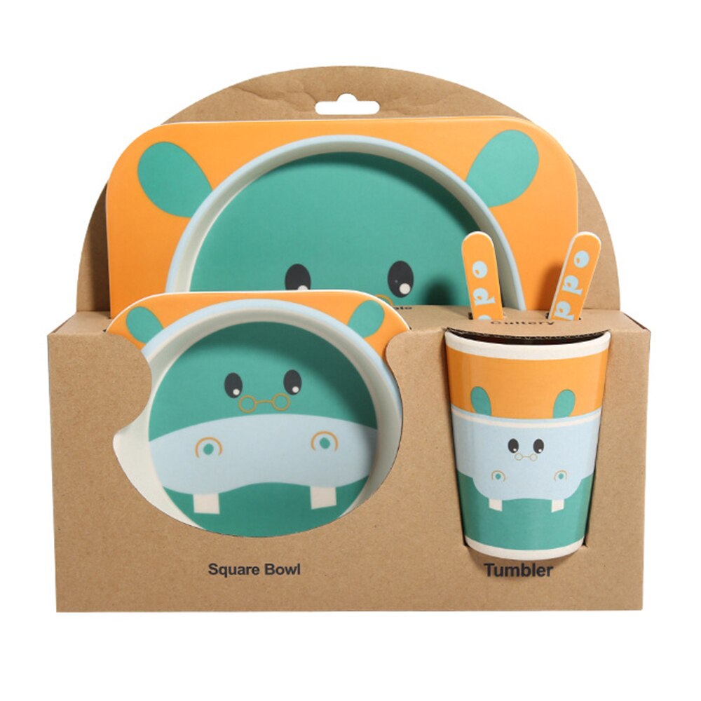 5pcs/sets Baby Dish Tableware Set Natural Bamboo Fiber Bowl With Cup Spoon Plate Fork Feeding Dishes for Kids Utensils: Blue