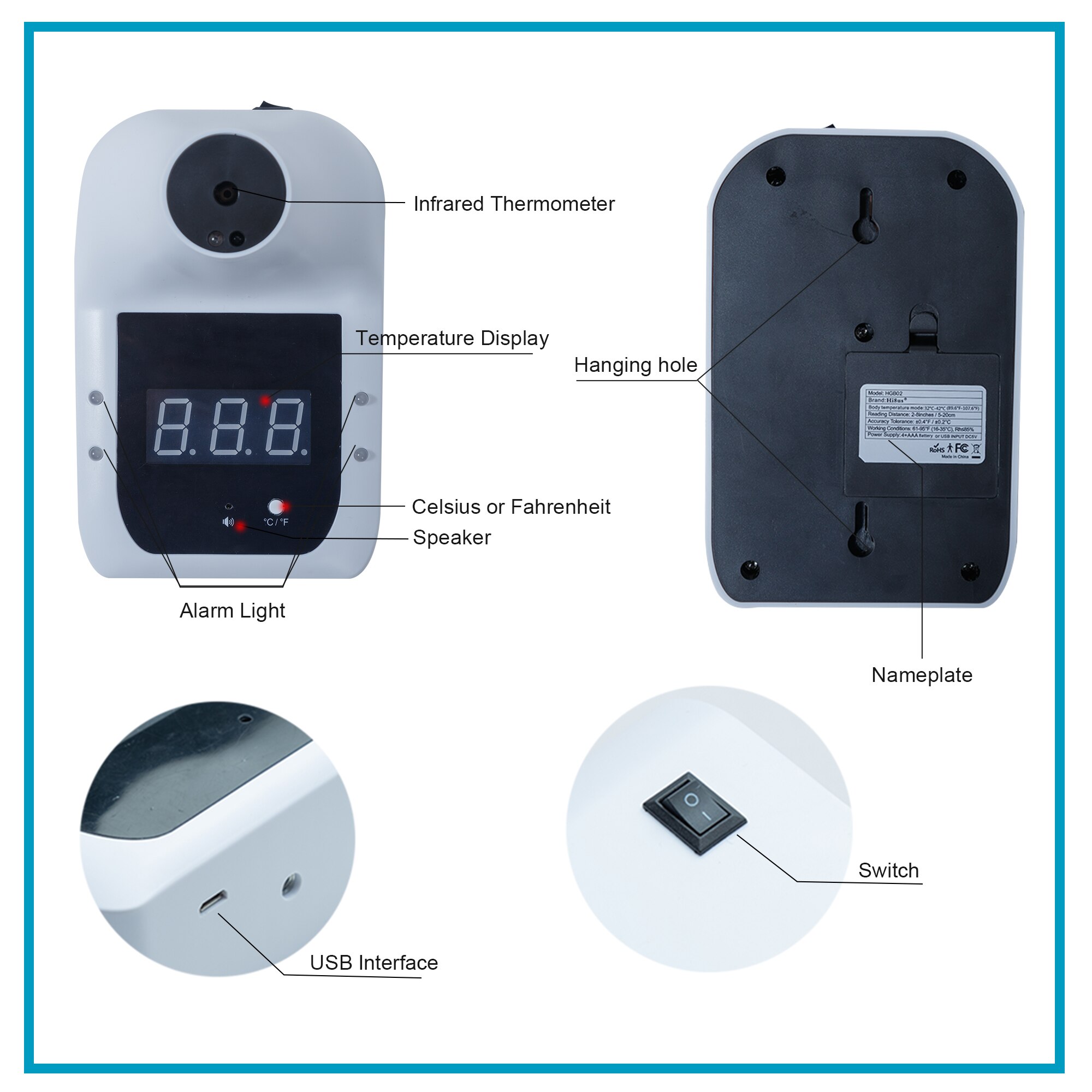 Non-Contact Digitale Infrarood Voorhoofd Thermometer Muur Gemonteerde Self-Service 0.5S Snelle Test Met Alarm Lcd display Voor Volwassenen