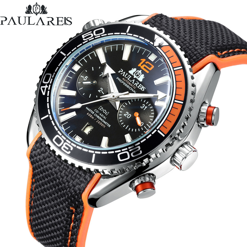 PAULAREIS P, reloj mecánico automático de lujo para hombre, correa de goma, resistente al agua, fecha luminosa, relojes de para hombre