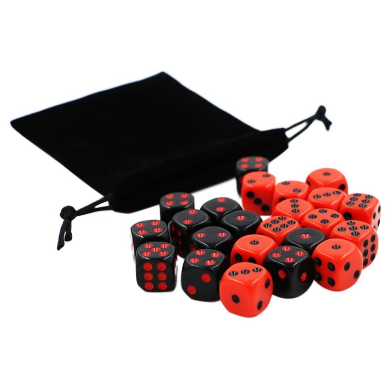 24 Stks/set 16 Mm Dobbelstenen Ronde Hoek Punt Dobbelstenen Rpg Gokken Games Cube Party Bordspel Zwart Rood Met Fluwelen tas N58B