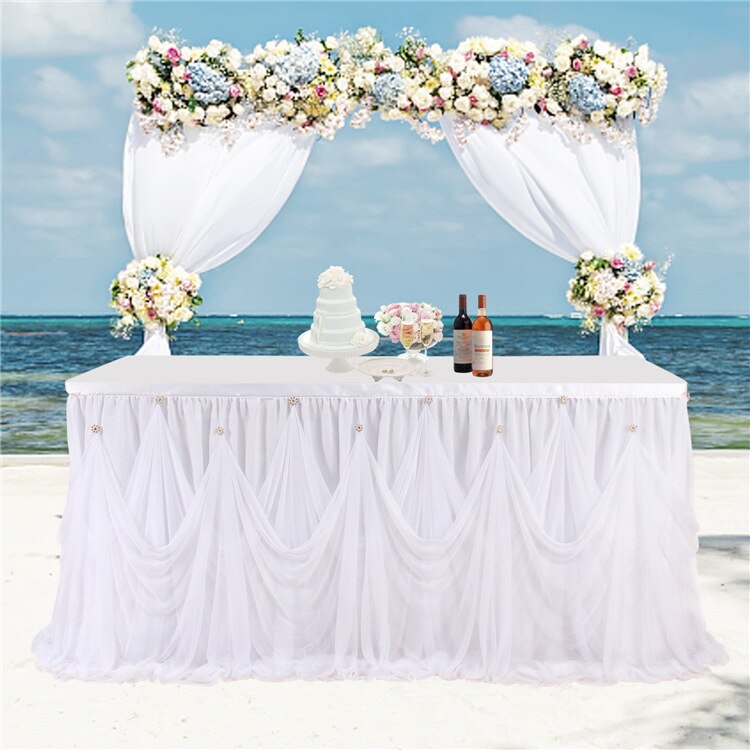 Party Tulle Table Skirt with Diamond Crystal Decor for Wedding Birthday Favor Party Tableware Table Skirts Tablecloth: 9FT   2.75mx0.77m / White