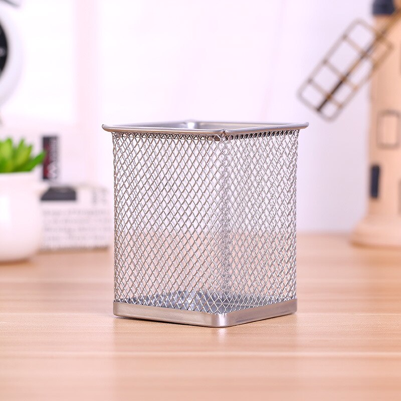 Pencil Holder Office Desk Metal Mesh Square Pen Pot Case Stationery Container Organiser Durable Pencil Case Black: Square silver