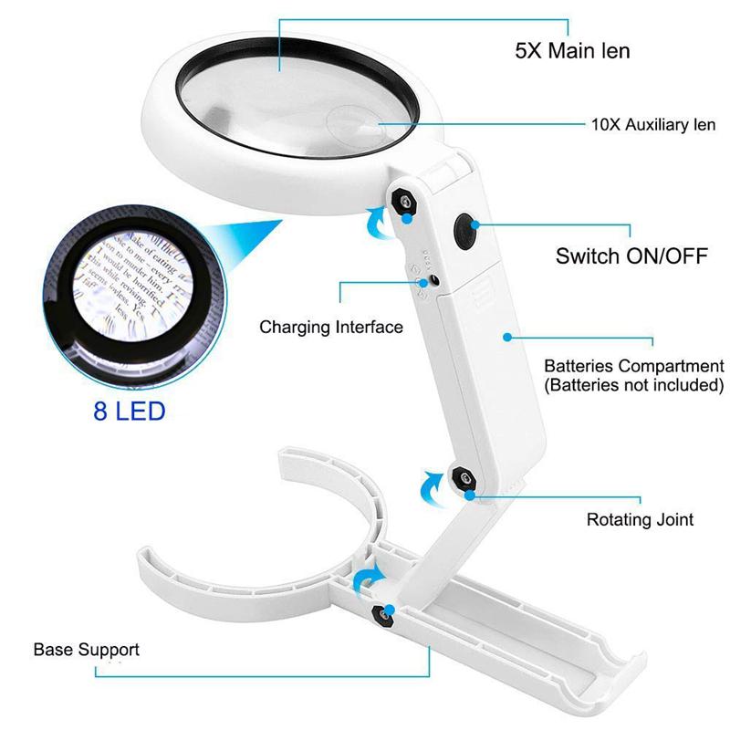 Hd Optical Illuminated Magnifying Glass-(5X + 11X) Magnification Lens,8 Led Lighted Usb Charge Magnifier Glass With Desktop And