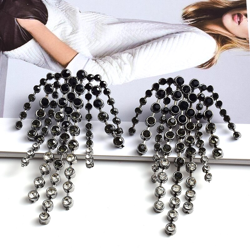 Lange Kleurrijke Crystal Ketting Tassel Oorbellen Van Hoge Klassieke Hanger Sieraden Accessoires Voor Vrouwen: Black